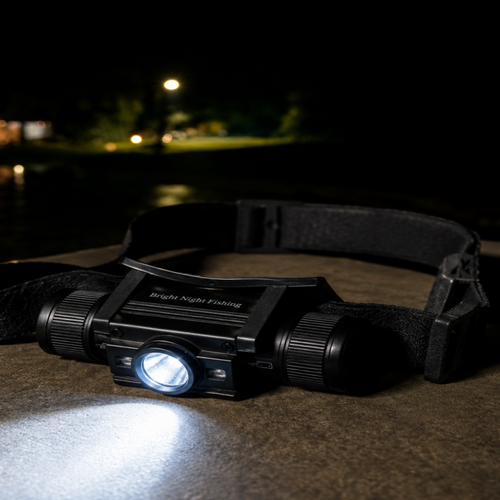 Black headlamp with a visible light source on a dark background